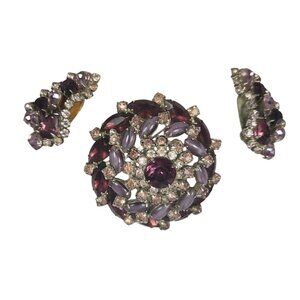 Art Deco Amethyst Rhinestone Brooch Pin & Clip On Earrings Round Domed Design